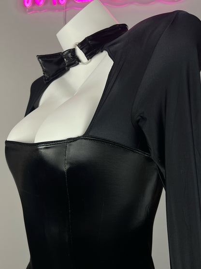 Gothic Long Sleeves Spandex Leather Garter Belt Tight Party Dress Lingerie