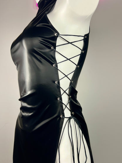 Vintage PU Leather Satin Cheongsam Lingerie Sexy Party Dress Costume
