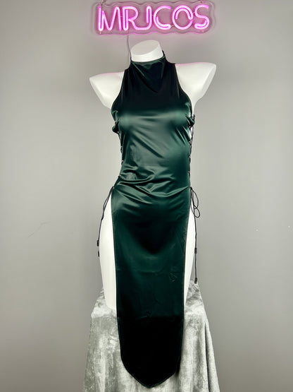 Vintage PU Leather Satin Cheongsam Lingerie Sexy Party Dress Costume