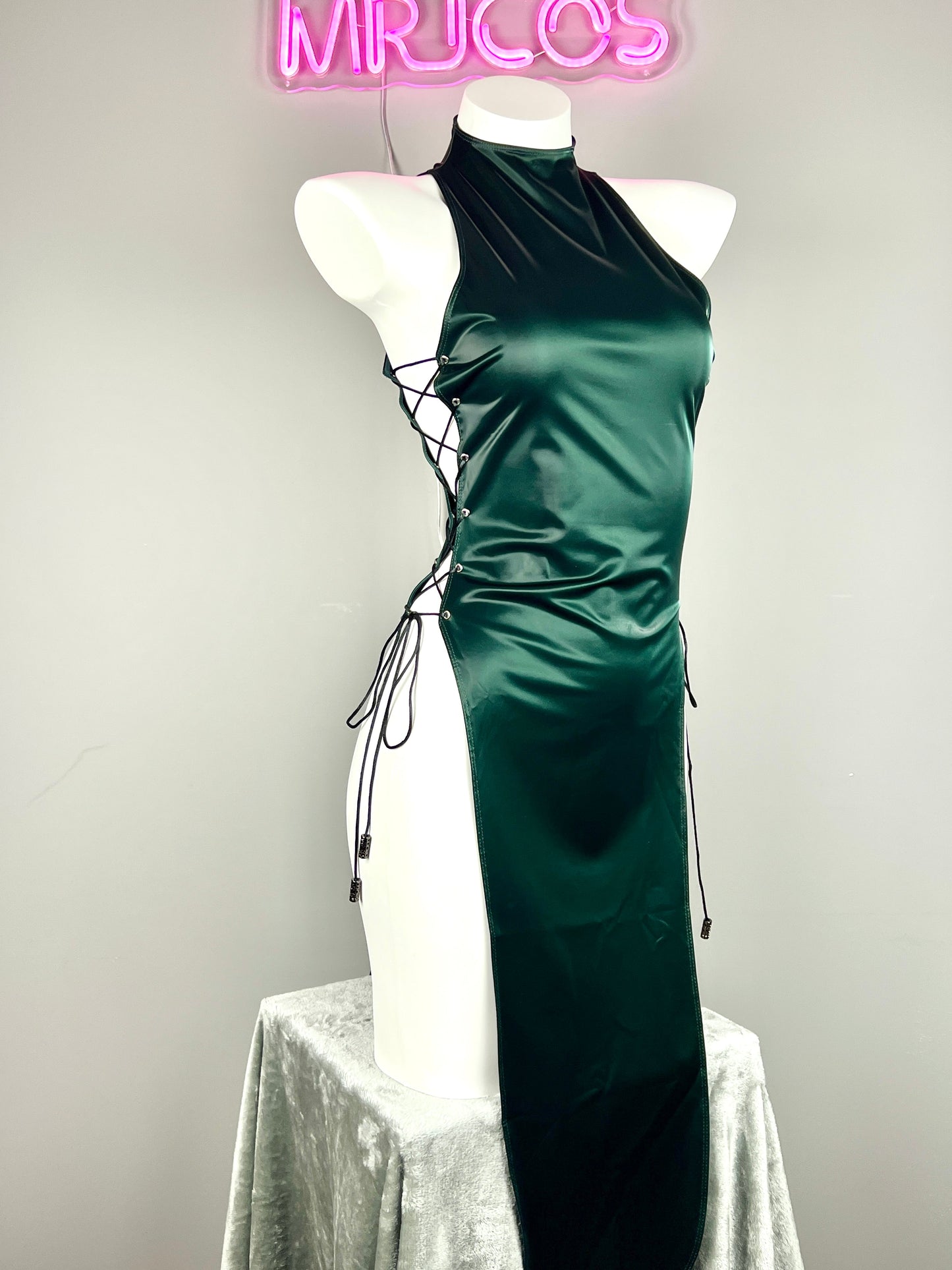 Vintage PU Leather Satin Cheongsam Lingerie Sexy Party Dress Costume