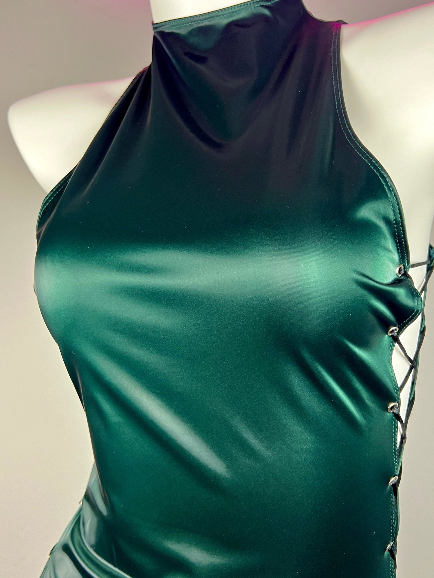 Vintage PU Leather Satin Cheongsam Lingerie Sexy Party Dress Costume