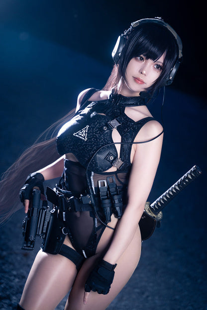 Tactical Anime Girl PU Leather Sheer Mesh Sexy Cosplay Bodysuit Costume