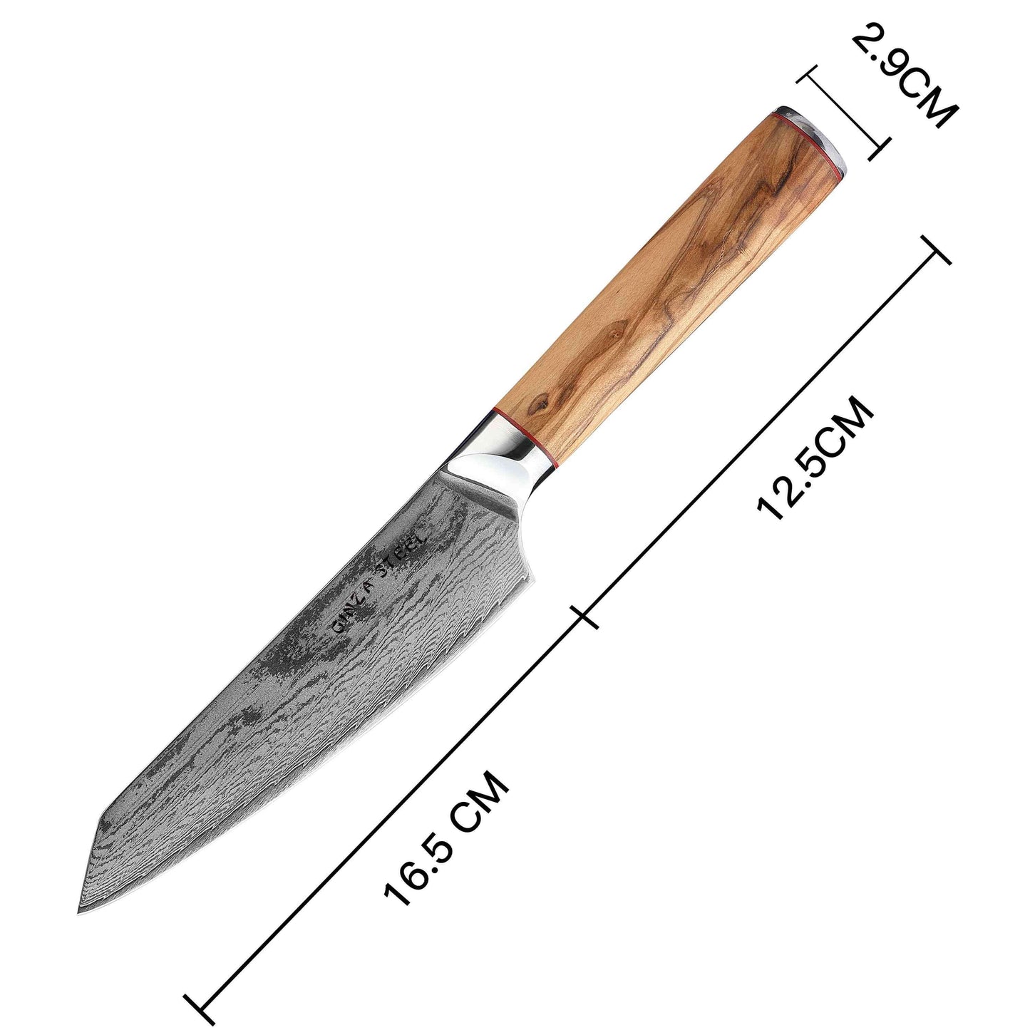 Ginza Steel MIA 17 Kochmesser 6.5” – Damast AUS10 Stahl, 67-Lagen, Olivenholzgriff