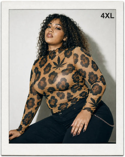 Leopard High-Neck Mesh Long-Sleeve Top