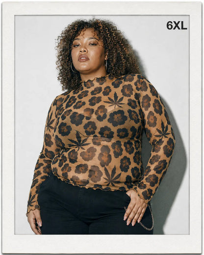 Leopard High-Neck Mesh Long-Sleeve Top