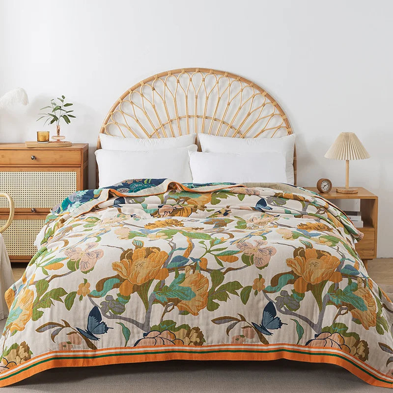 Wild Garden Boho Cotton Blanket/Throw - Cream/Gold