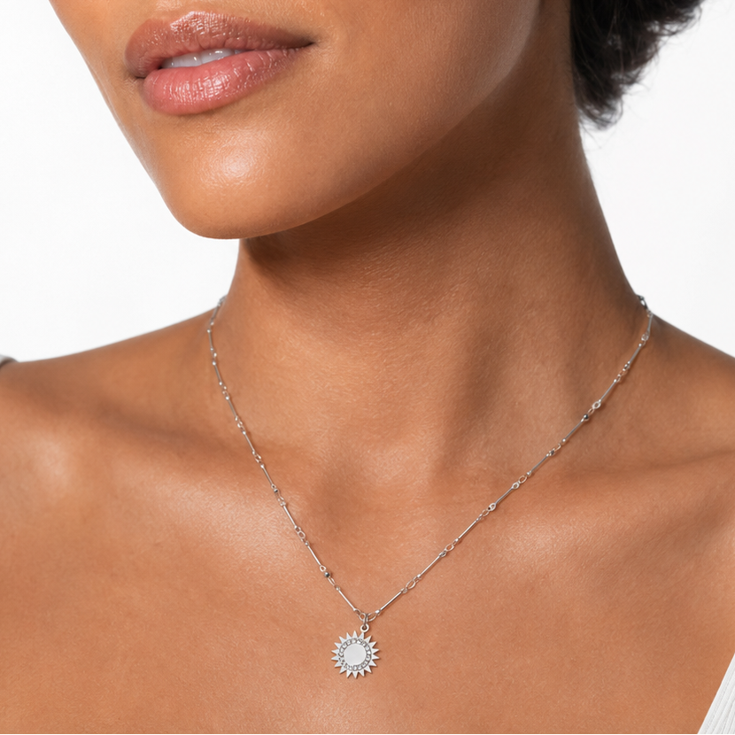 NOMIA Silver (White Gold): Radiant Sunburst Pendant Zirconia Chain Necklace