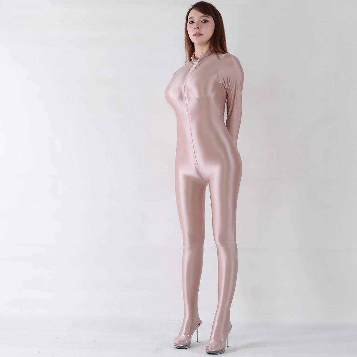 Extra Long Front Triple-Zipper Spandex Nylon Full Bodysuit Zentai Shinny Jumpsuit