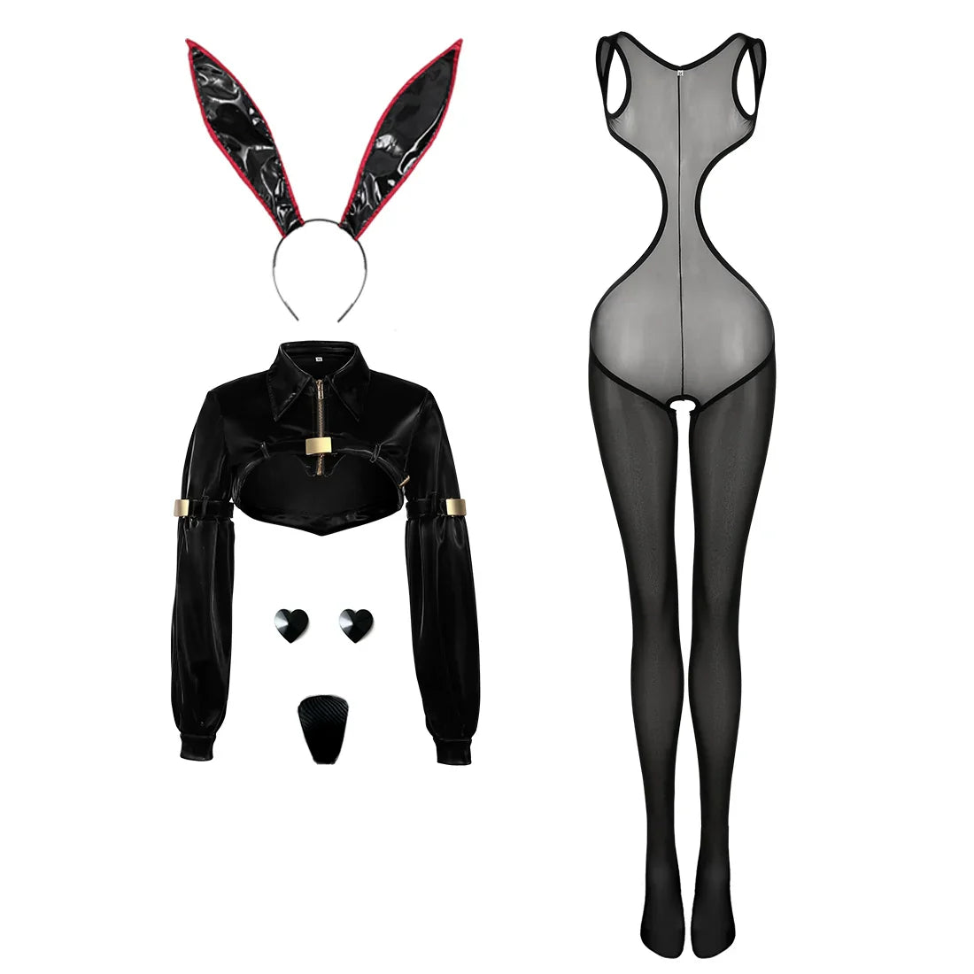 Bunny Girl Sexy Cute Costume PU Jacket Sheer Stockings Cosplay Lingerie Set