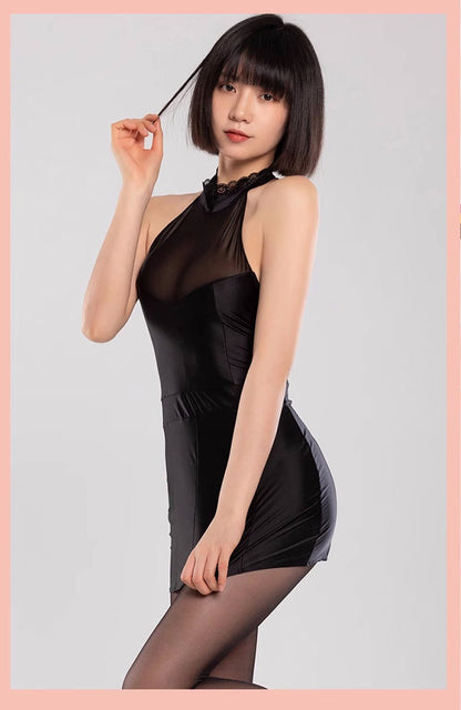 Satin Spandex Halter Sleeveless Short Dress Lingerie
