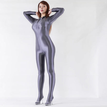 Extra Long Front Triple-Zipper Spandex Nylon Full Bodysuit Zentai Shinny Jumpsuit
