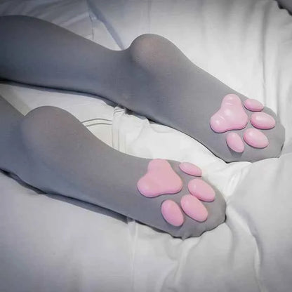 100D Knee Stockings with 3D Cute Cat Paw Paddings Anime Style Velvet Stockings