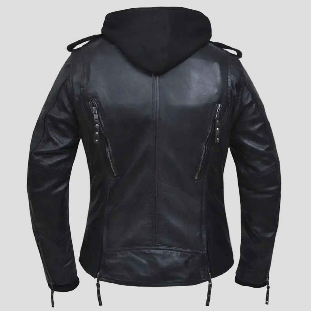 Open Road Women's Hooded Classic Leather Motorcycle Jacket
