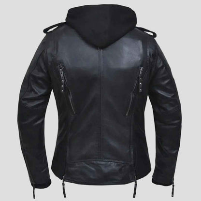 Open Road Women's Hooded Classic Leather Motorcycle Jacket