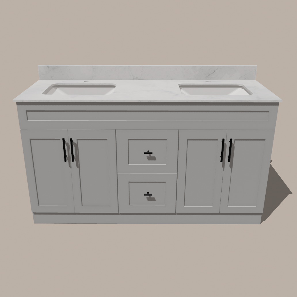 60-Inch Double Sink Shaker Bathroom Vanity — White or Gray | Plywood Cabinet, Solid-Wood Doors, Soft-Close 3-Way Clip-On Hinges | Center Drawers