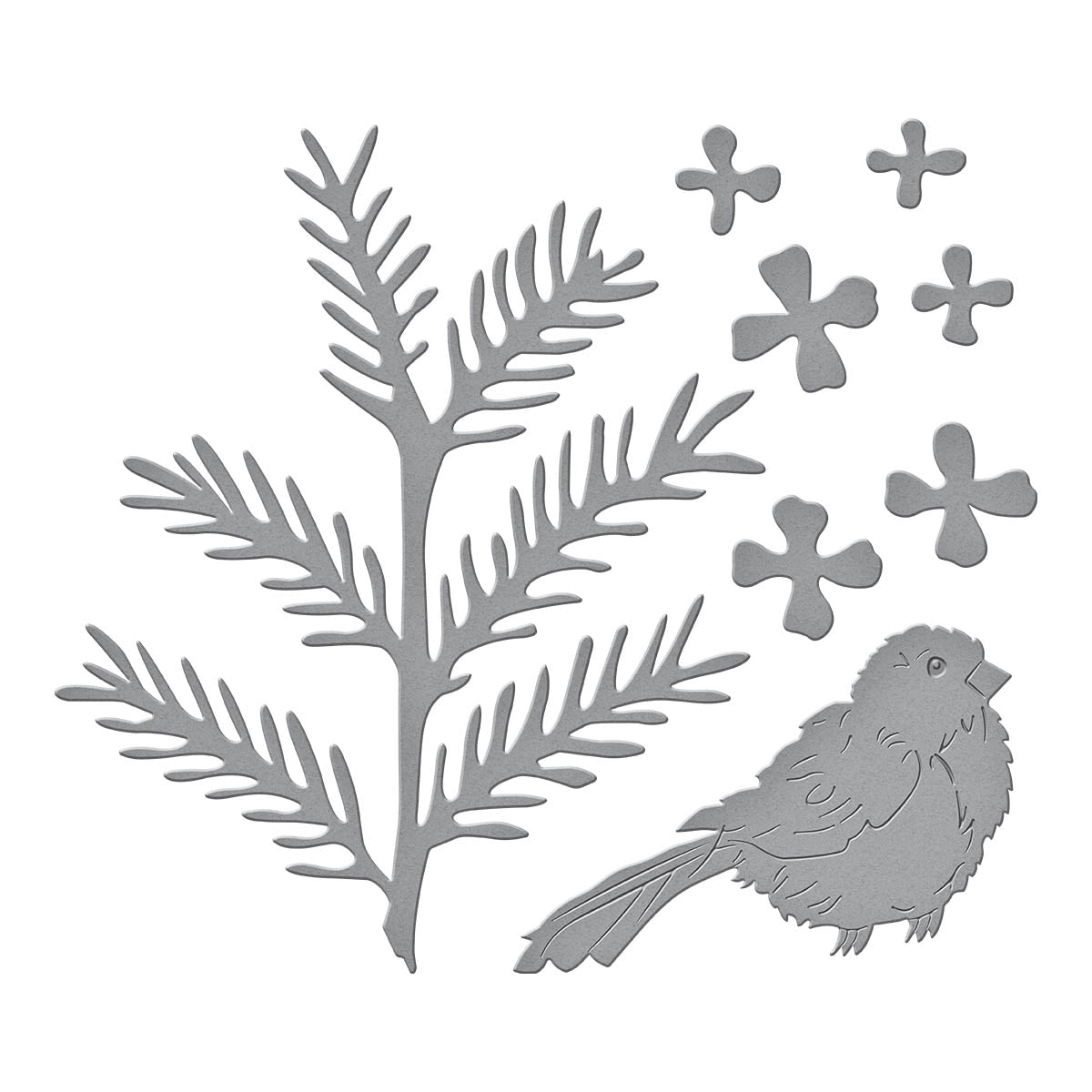 Hemlock, Cones and Chickadee Etched Dies from the Snow Garden Collection by Susan Tierney-Cockburn