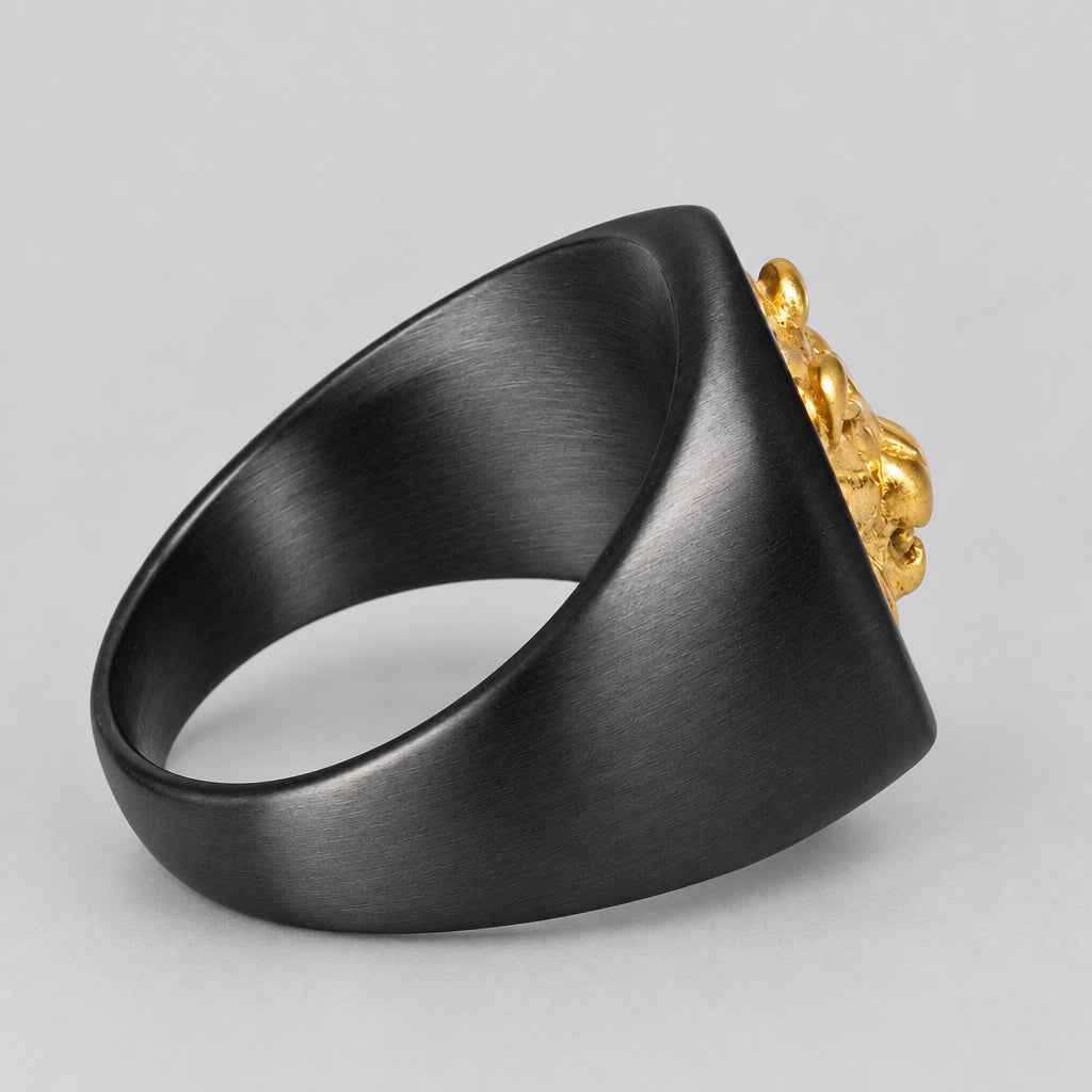 SteelTime Men's Black Stainless Steel Signet Ring with Gold Lion