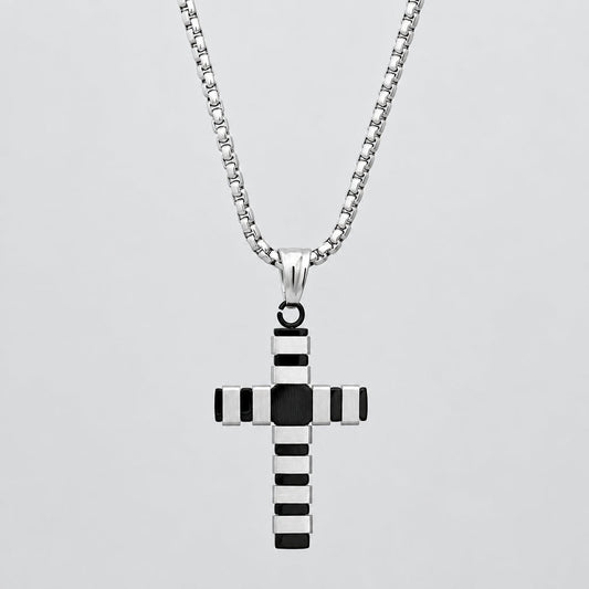 Steeltime Striped Cross Pendant Necklace | Stainless Steel Necklace