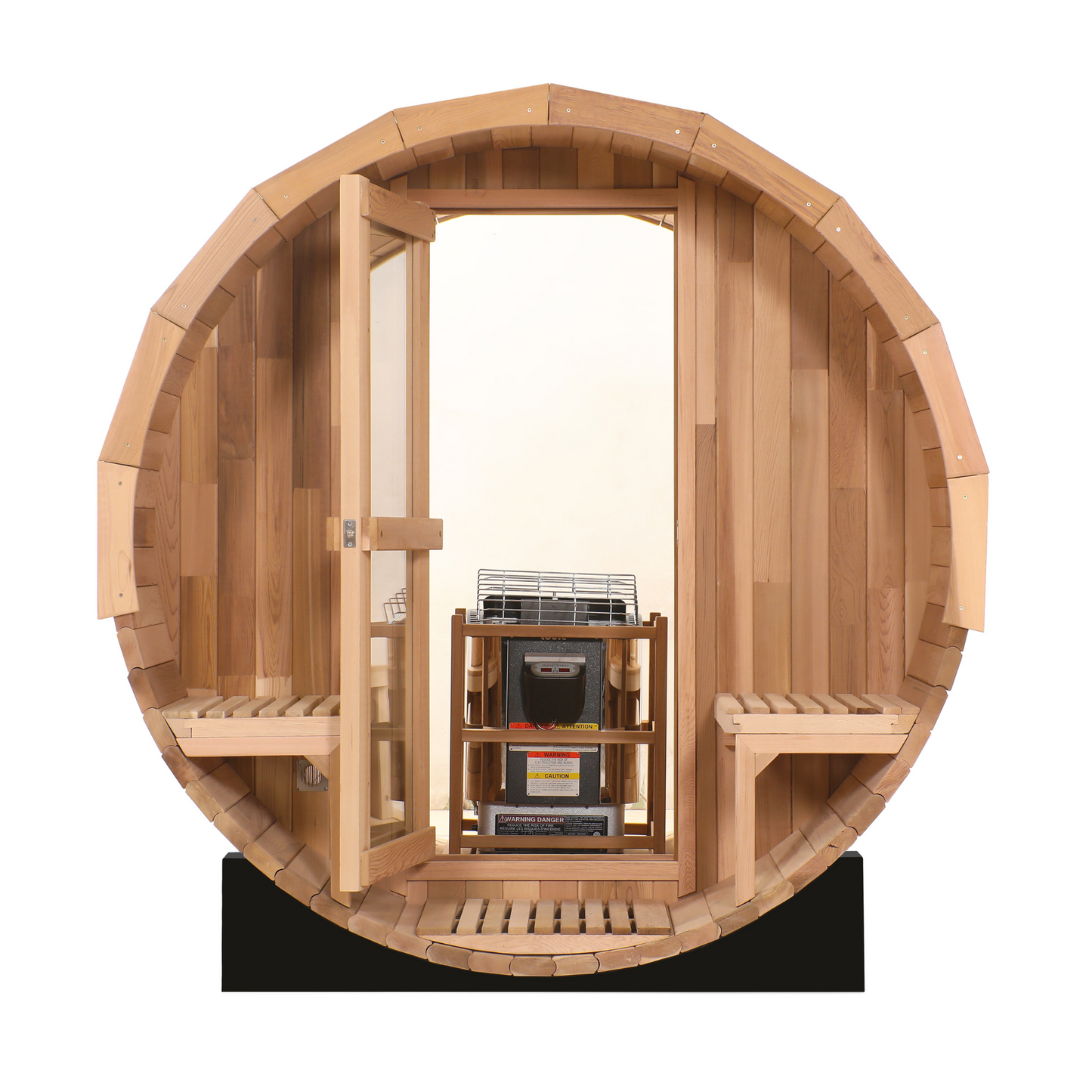 Blisspod | プラハ | カナダ産レッドシダー製屋外用スチームバレルサウナ、2-4名用／4-6名用、フルガラス背面＆フロントポーチシート2脚付き