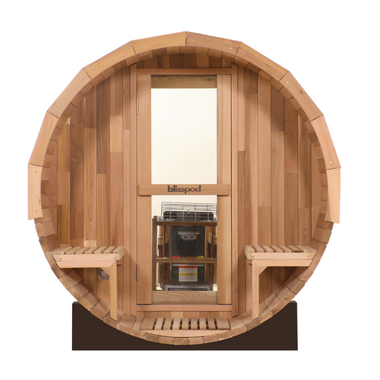 Blisspod | プラハ | カナダ産レッドシダー製屋外用スチームバレルサウナ、2-4名用／4-6名用、フルガラス背面＆フロントポーチシート2脚付き