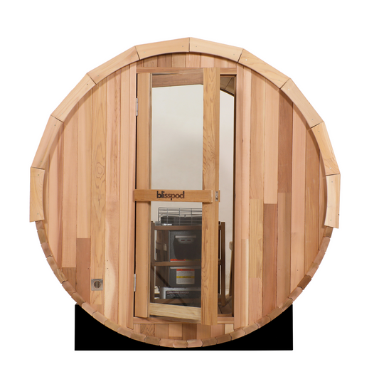 Blisspod | プラハ | カナダ産レッドシダー製屋外スチームバレルサウナ | 総ガラス張り背面 | 高さ70.87インチ x 幅70.87インチ x 奥行き70.87インチ | 4～6人用