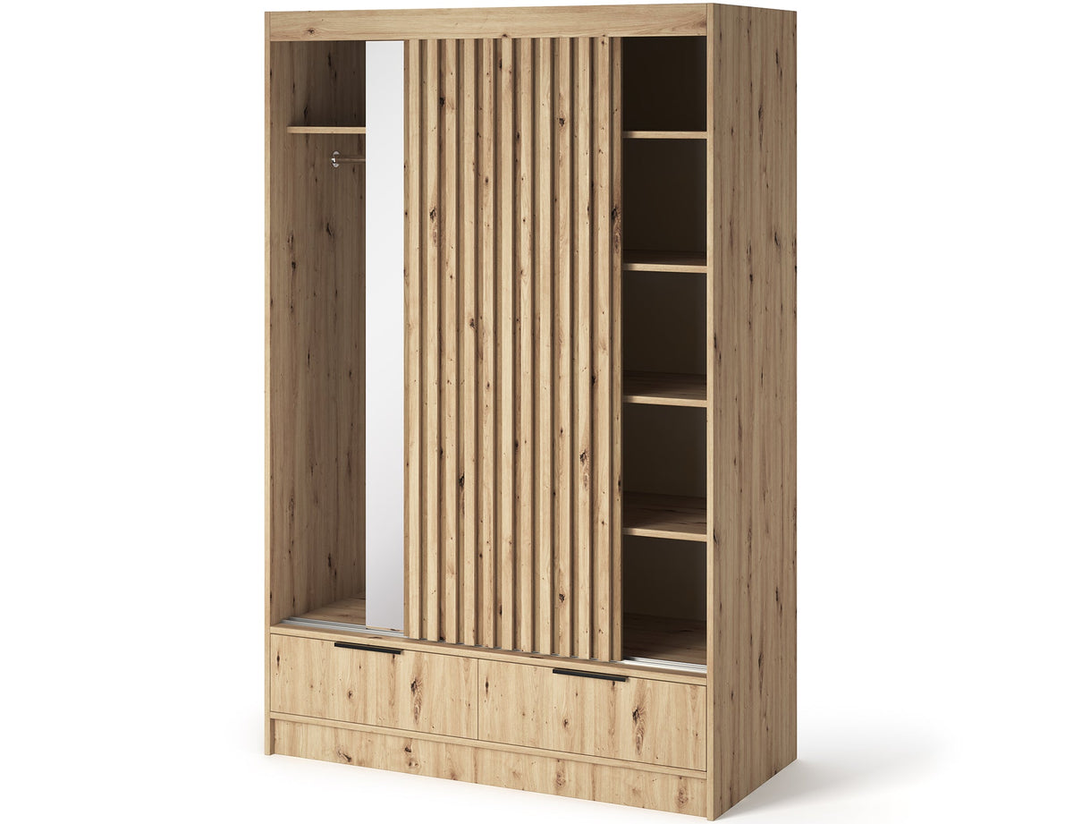 Voodi II Oak Wood Paneled Free Standing Wardrobe - Light Artisan Oak