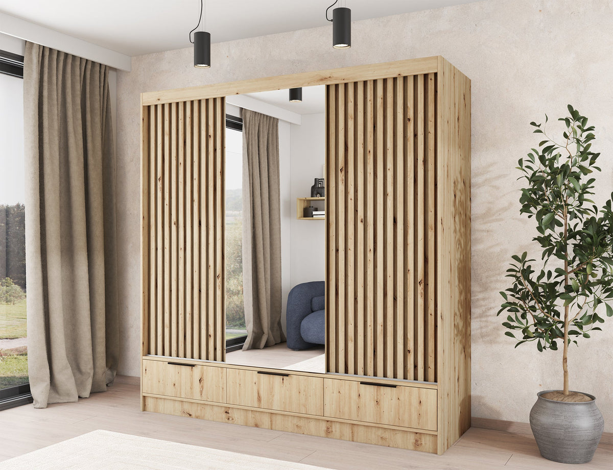 Voodi III Oak Wood Paneled Free Standing Wardrobe - Light Artisan Oak