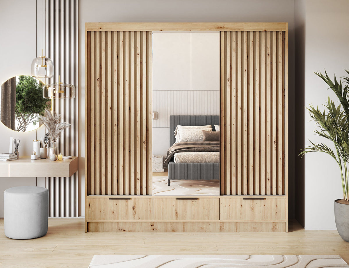 Voodi III Oak Wood Paneled Free Standing Wardrobe - Light Artisan Oak