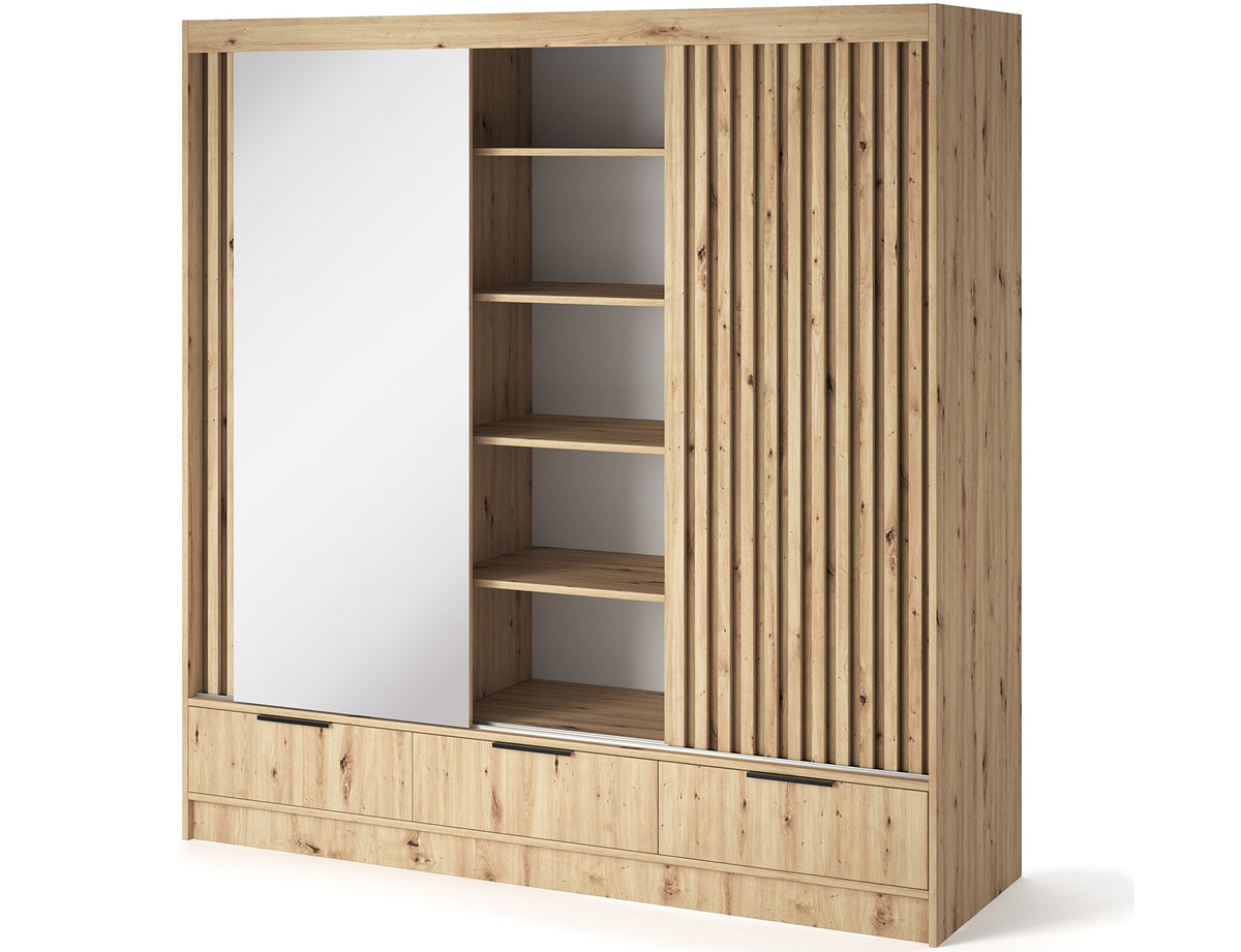 Voodi III Oak Wood Paneled Free Standing Wardrobe - Light Artisan Oak