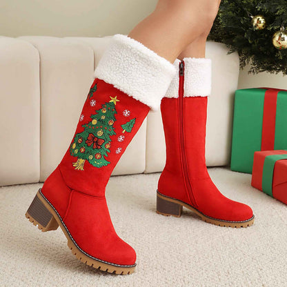 Women's Holiday Suede High Boots – Christmas Tree Embroidery Over-the-Knee Boots