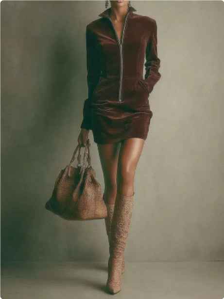 Deerskin Velvet French Long-sleeve Zipper Dress Short Skirt