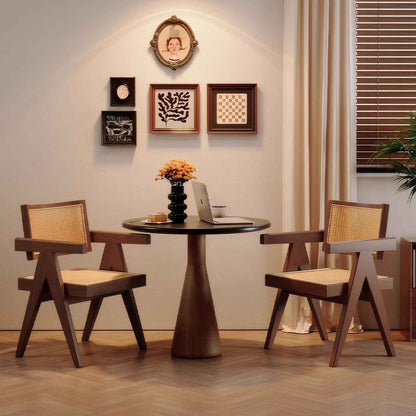 Modern Mid-Century Dining Chairs Set of 2 – Brown Rattan Accent Armchairs with Rubber Wood Frame (Deliver United States Only)