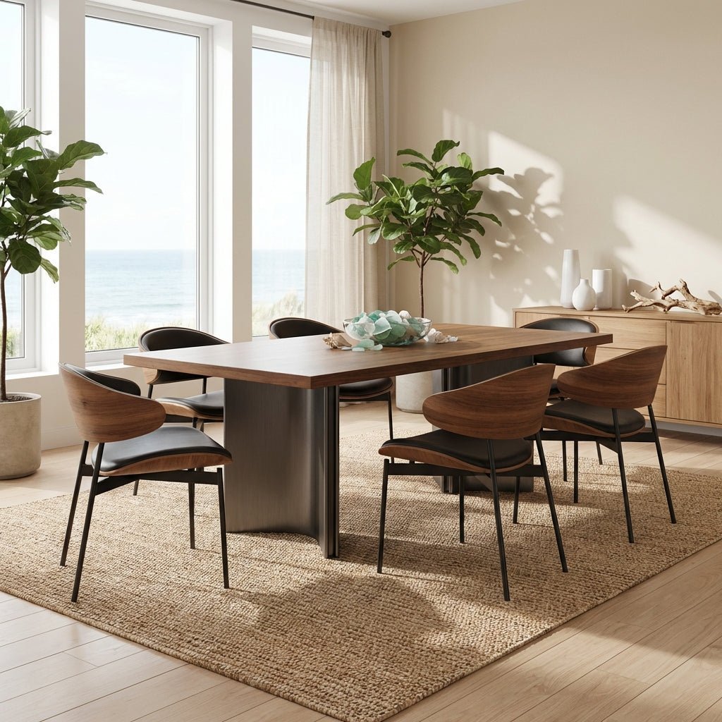 Aero Curve Walnut & Leather Dining Set with 6 Chairs