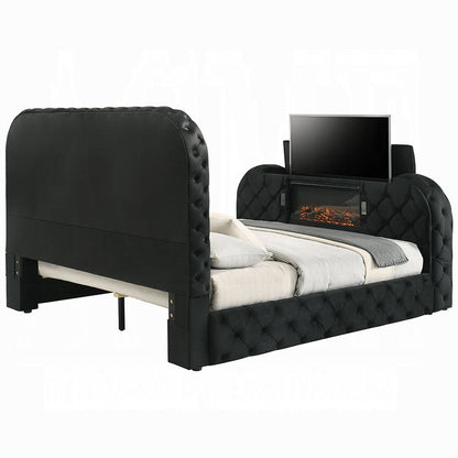 Tagus スマートプラットフォームベッド（LED/暖炉/TVスタンド付き） - ブラック