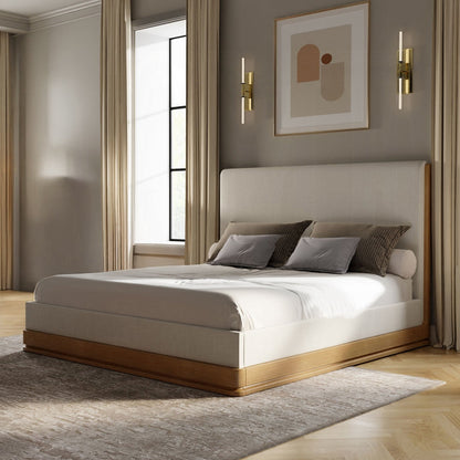 Yami Wood Detail Upholstered Platform Bed - Beige Oak