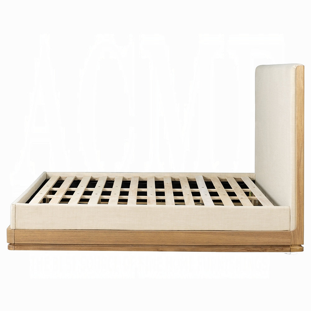 Yami Wood Detail Upholstered Platform Bed - Beige Oak