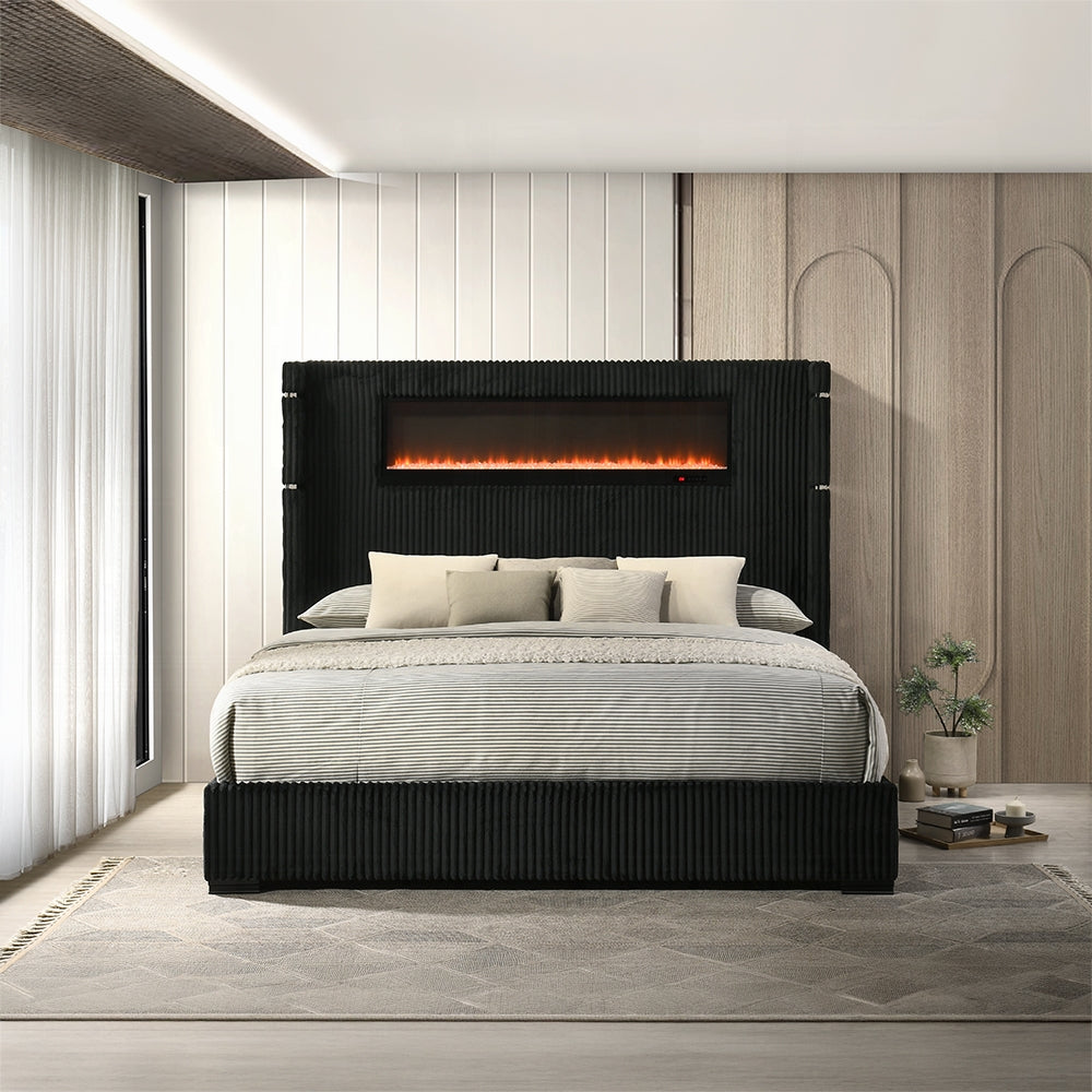 Obsidian Smart Platform Bed with LED/ Fireplace/Reading Light/Speaker/Bluetooth/USB - Black