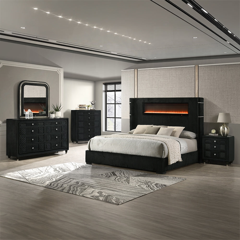 Obsidian Smart Platform Bed with LED/ Fireplace/Reading Light/Speaker/Bluetooth/USB - Black