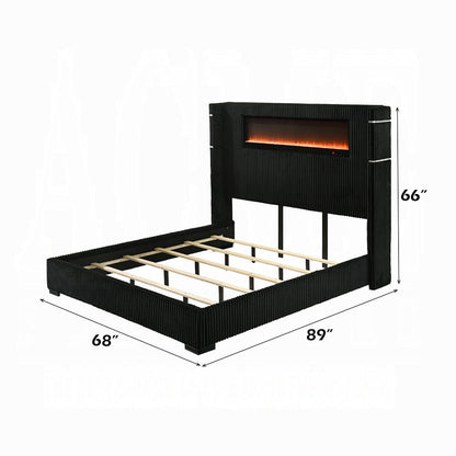 Obsidian Smart Platform Bed with LED/ Fireplace/Reading Light/Speaker/Bluetooth/USB - Black