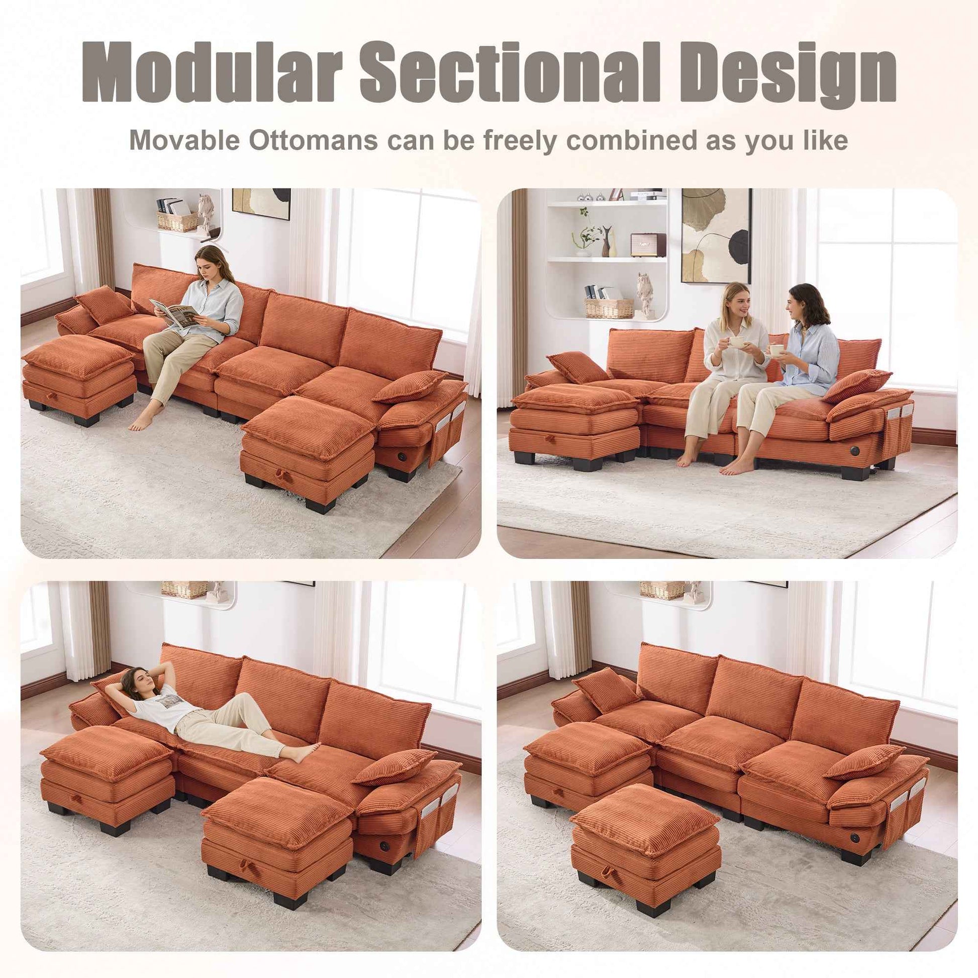 Orange Corduroy Cloud Modular Sectional Sofa – Deep Seat 4-Seat Couch with Storage & USB Ports
