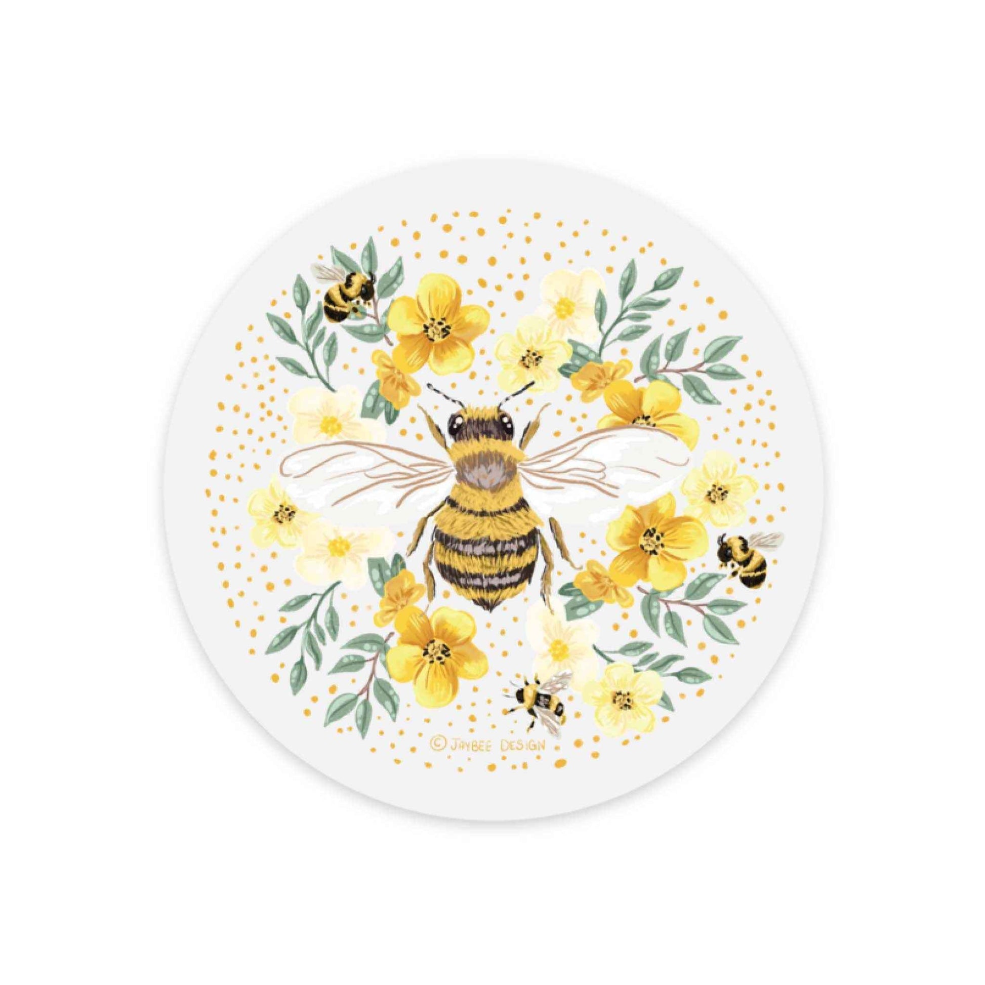 Bee W/ Florals Circular Clear Sticker
