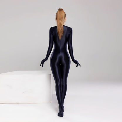 Spandex Nylon Full Bodysuit Zentai Shinny Cosplay Jumpsuit Attached Gloves