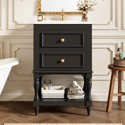 20 Inch Black Bathroom Vanity with Ceramic Sink – Retro Freestanding Cabinet with 2 Drawers
