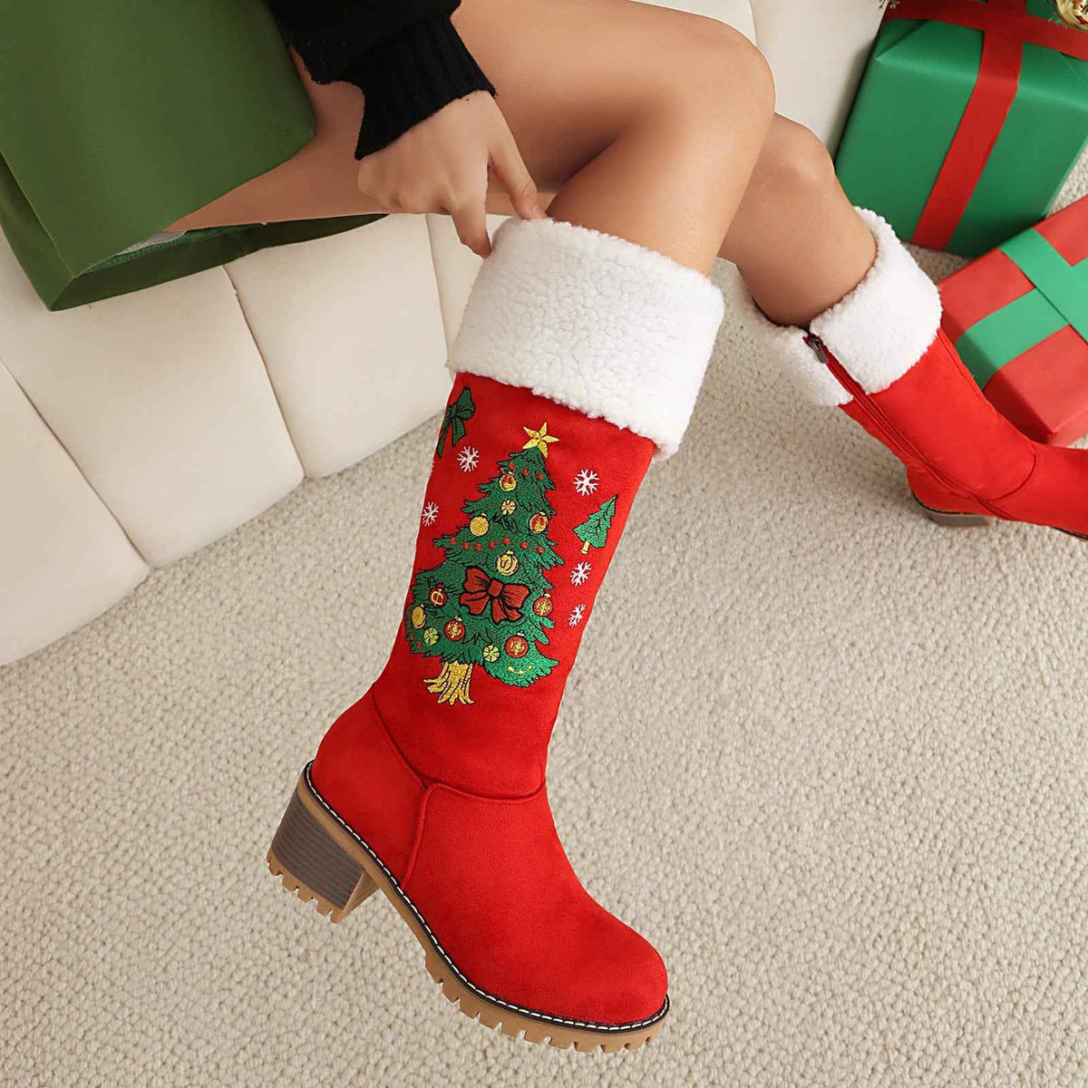 Women's Holiday Suede High Boots – Christmas Tree Embroidery Over-the-Knee Boots