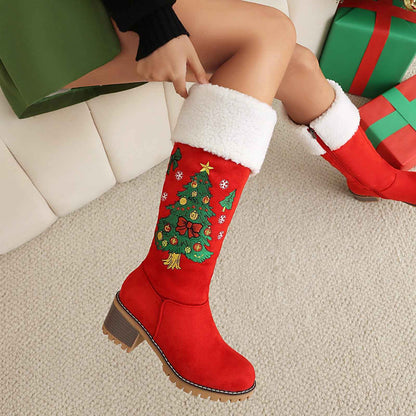 Women's Holiday Suede High Boots – Christmas Tree Embroidery Over-the-Knee Boots