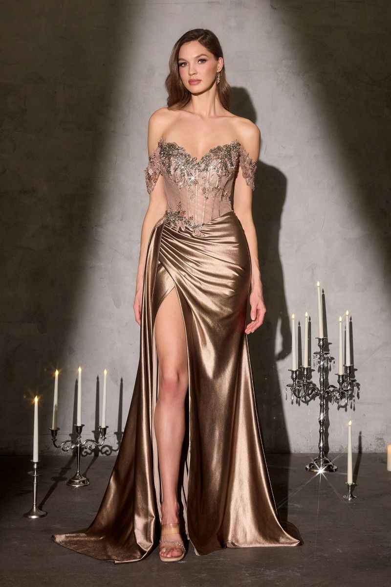 shimmering off-the-shoulder dress