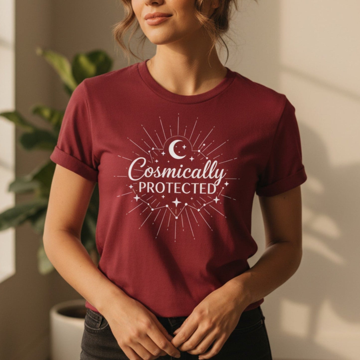 Cosmically Protected T-Shirt | Celestial Graphic Tee for Women | Spiritual Gift