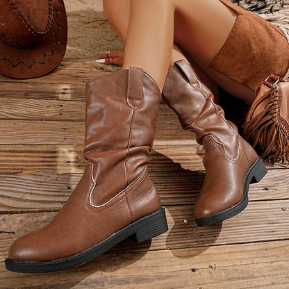 Women's Mid-Calf Fashion Boots – Pointed Toe Block Heel PU Leather Boots