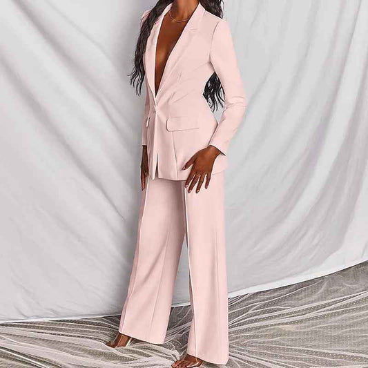 Women's Business Suit Set – Lapel Button-Down Blazer and Straight Leg Trousers