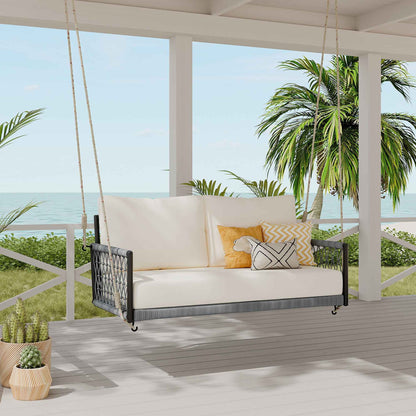 TREXM 2-Person Outdoor Swing Sofa – Woven Rope Patio Hanging Loveseat with Soft Beige Cushions (Deliver to United States Only)